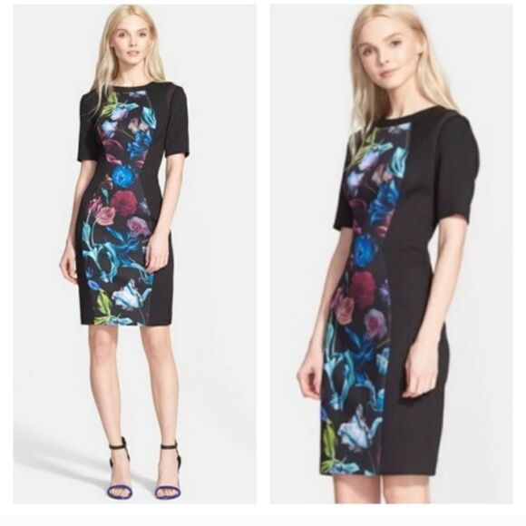 Ted Baker Black Floral Midnight Bloom Abade Bodycon Sheath Dress Size  4 US - Picture 1 of 9
